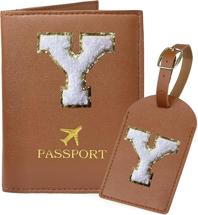 COSHAYSOO Brown Initial Passport Cover Holder and Luggage Tag Set TSA Approved with Chenille Letter Patch ABC for Women Teenage Girls, Travel Essentials Must Have Stuff Bag Suitcase Identifier (Y)