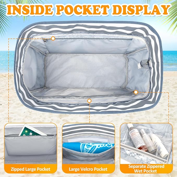 Large Beach Bag with Zipper, 12 Pockets Waterproof Sandproof Pool Bag Womens Mesh Beach Tote Bag for Travel Vacation