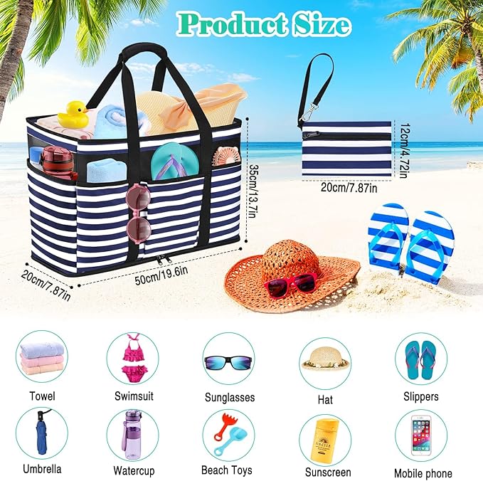 Large Beach Bag with Zipper, 12 Pockets Waterproof Sandproof Pool Bag Womens Mesh Beach Tote Bag for Travel Vacation