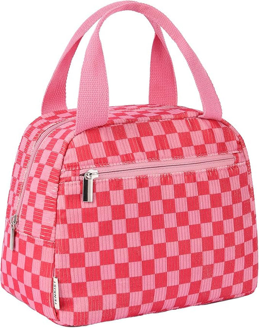 Cute Lunch Box Tote Bag - Corduroy Insulated Cooler Bags for Women - Lightweight Reusable Portable Soft Lunch Pail Kit for Kids Teen Girl Adults Work School Picnic Travel Checkered Pink 8L