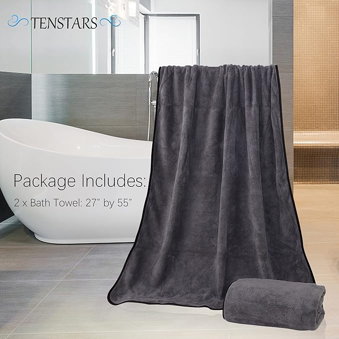 TENSTARS Silk Hemming Bath Towels for Bathroom Clearance - 27 x 55 inches - Light Thin Quick Drying - Soft Microfiber Absorbent Towel for Fitness, Sports, Yoga, Travel, Gym - 2 Pack, Dark Grey