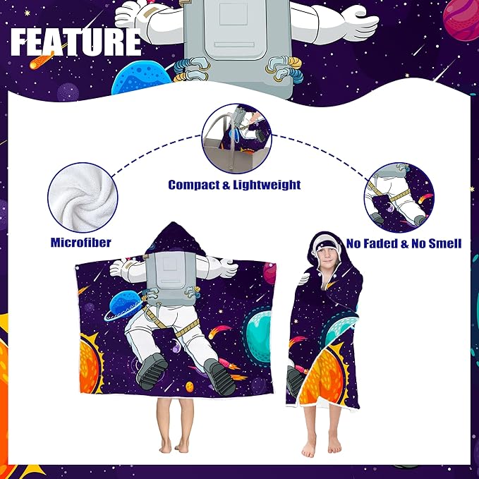 Spaceman Hooded Beach Towel for Boys, Soft & Absorbent Universe Spaceman Poncho Towel, 30”x50” Cool Cartoon Spaceman Bathrobe for Kids, Quick Dry Swim, Pool, and Bath Time