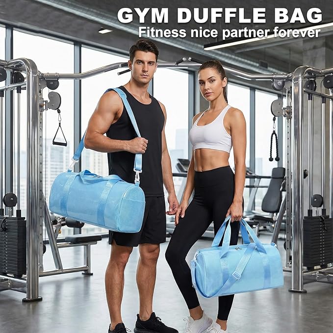 Gym Bag Sports Duffle Bag with Wet Pocket Weekender Overnight Bags with Waterproof Shoe Pouch and Air Hole for Girls Kids Women Workout Travel Bags (Blue)