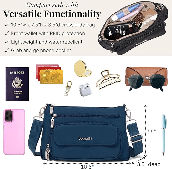 Baggallini Original Everyday 11x7.5 Crossbody Bags Rfid Protected Lightweight Nylon Zippered Travel Purse