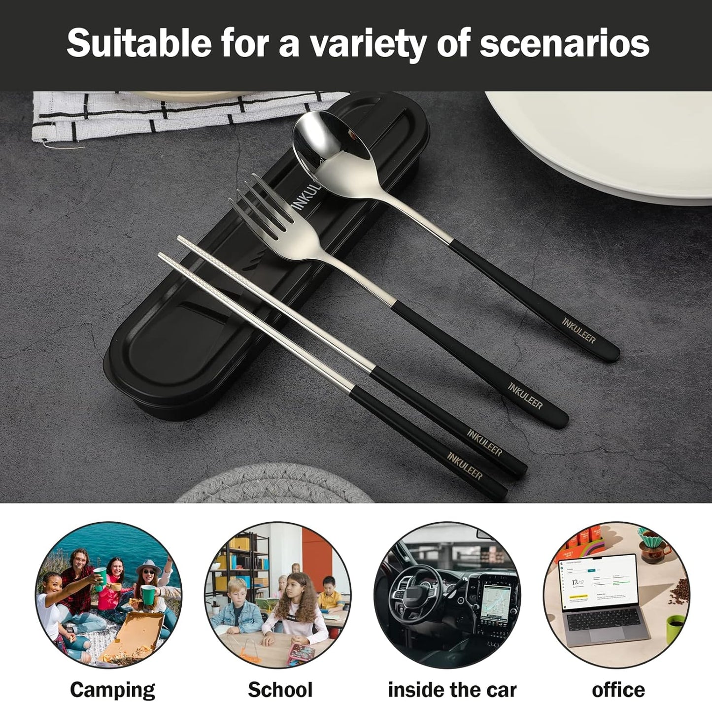 Travel cutlery set, 18/8 stainless steel cutlery, Reusable utensils set with case, Portable Silverware Lunch Box for Camping and Office