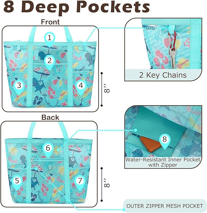 Mesh Beach Bag with Zipper, Large Beach Tote for Women, Toys Pool Swim Bag Travel Vacation Cruise Essentials
