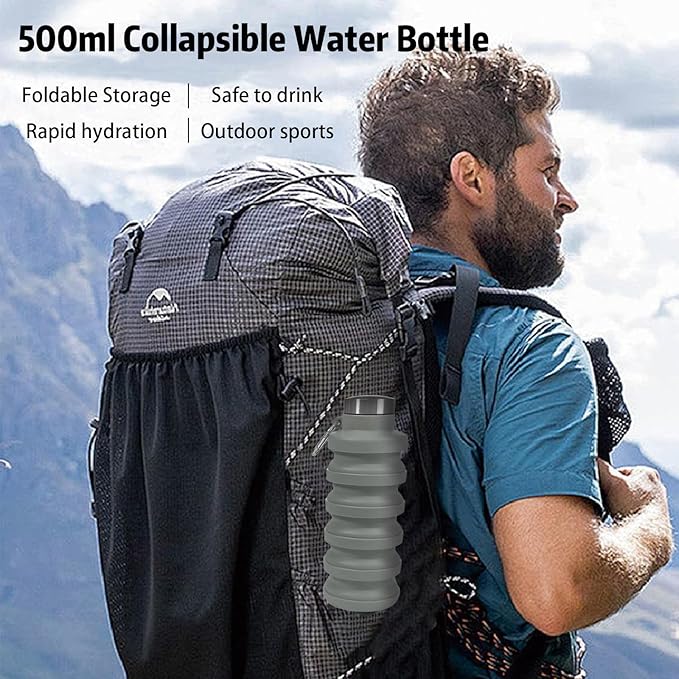 Collapsible Water Bottles,16oz Capacity Portable Reusable Silicone Water Bottle,Leak-proof,with buckle,foldable storage,Lightweight Durable for Fitness,Cycling,Sports,Camping,Hiking (Green+Green)
