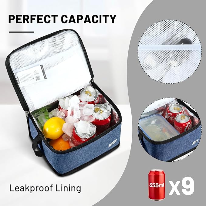MIER Insulated Lunch Box for Men Women Kids Portable Small Lunch Bag 9 CAN Compact Thermal Mini Cooler for School Work Picnic, Blue