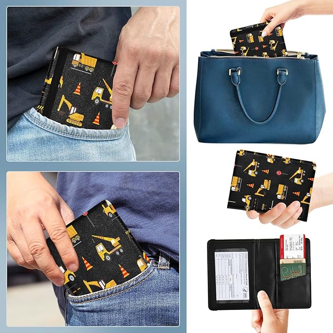 linqin Cute Construction Machinery for Kids Passport and Vaccine Card Holder Combo Leather Passport Case 4x3 CDC Vaccination Card Protector/Covers Waterproof Wallet for Travel