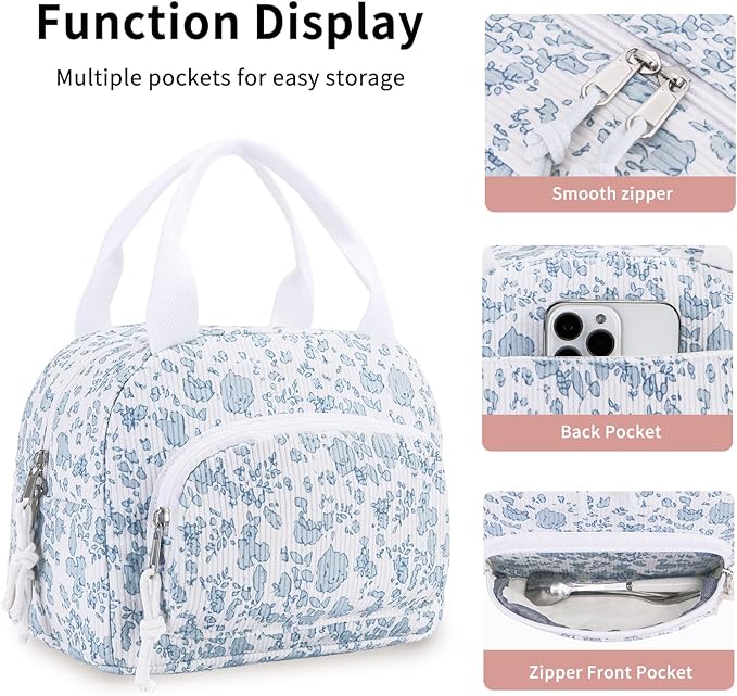 Lunch Bag Women Lunch Box for Women Adult Cute Insulated Lunch Bag Small Cooler Lunch Tote Bags for Work Picnic School (Blue-Floral)