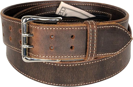 Money Belt, 1-3/4" Double Prong, Zipper Pocket, Travel Security, Full Leather, Made in USA