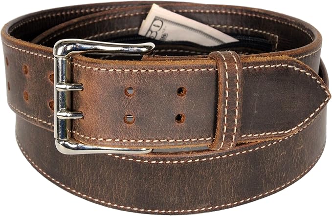 Money Belt, 1-3/4" Double Prong, Zipper Pocket, Travel Security, Full Leather, Made in USA