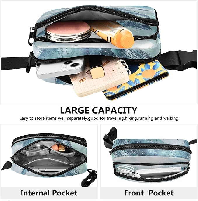Ocean Sea Whales Boat Fanny Pack for Women Men Water Resistant Fashion Waist Packs with Adjustable Strap Belt Bag for Travel Workout Jogging Hiking 21220675