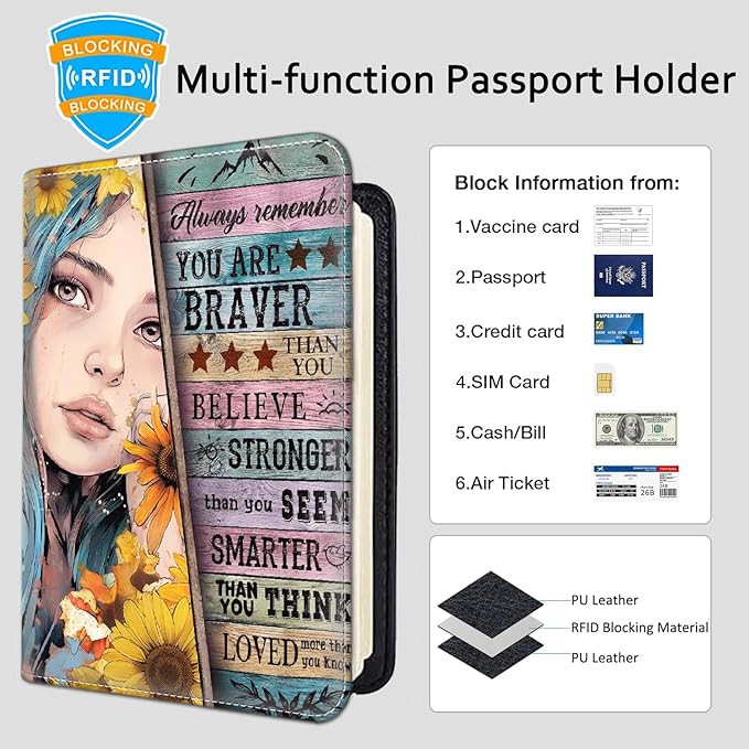 Passport Holder Women Wallet with Luggage Tag, Leather Passport Cover with RFID Blocking, Travel Accessories Multi Card Slot Passport Case for Men，Sunflower Girl Inspirational Quotes