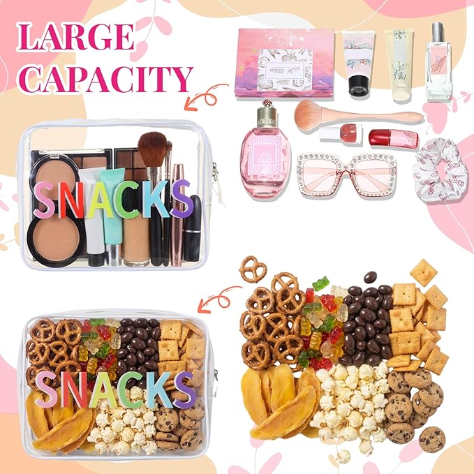 Clear Snack Bag Travel Zipper Pouch Makeup Cosmetic Bag 9.5" x 7" x 3.5" Large Beach Toiletry Pouch PVC Waterproof Transparent Organizer for Women Girl Summer