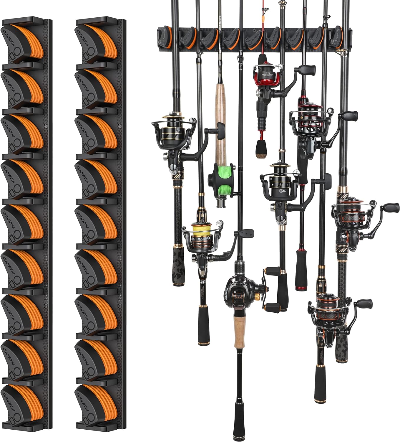 PLUSINNO V9 Vertical Fishing Rod Holders, 2 Packs Wall Mounted Fishing Pole Holders, Fishing Rod Racks Hold Up to 18 Rods or Combos, Fishing Pole Holders for Garage, Fits Most Rods of Diameter 3-19mm