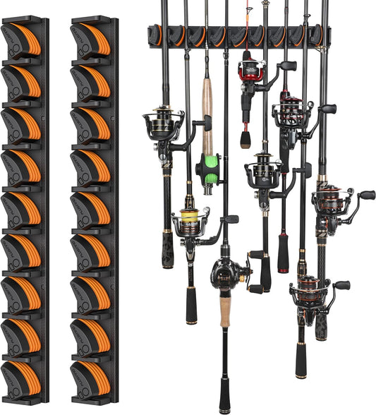 PLUSINNO V9 Vertical Fishing Rod Holders, 2 Packs Wall Mounted Fishing Pole Holders, Fishing Rod Racks Hold Up to 18 Rods or Combos, Fishing Pole Holders for Garage, Fits Most Rods of Diameter 3-19mm