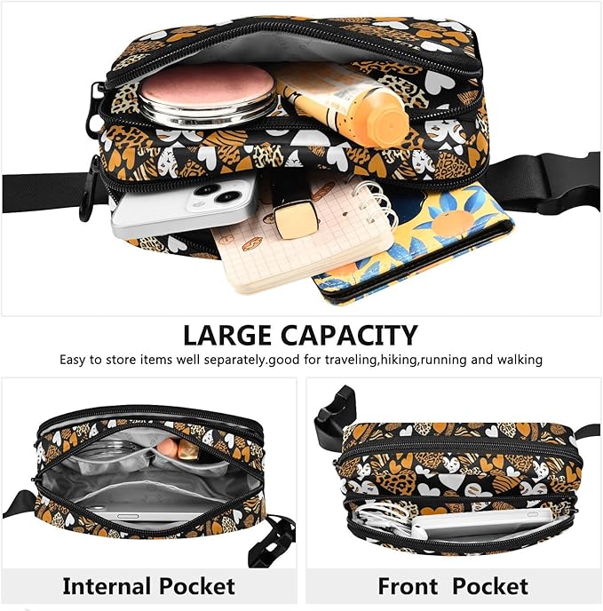 Leopard Zebra Print Heart Fanny Pack for Women Men Water Resistant Fashion Waist Packs with Adjustable Strap Belt Bag for Travel Workout Jogging Hiking 21219449
