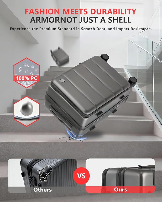 Expandable 20Inch Carry On Luggage Airline Approved - Top Opening Hardside Travel Suitcase Unbreakable -with Cup Holder,USB Charge,Side Pothook, 360°Spinner Wheels, TSA Lock-Grey