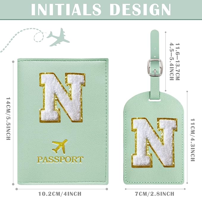 COSHAYSOO Green Passport Cover and Luggage Tag Set TSA Approved with Her Initial Chenille Letter Patch, Trending Traveling Bag Backpack Suitcase Identifier Birthday Gifts for Women Girls (N)
