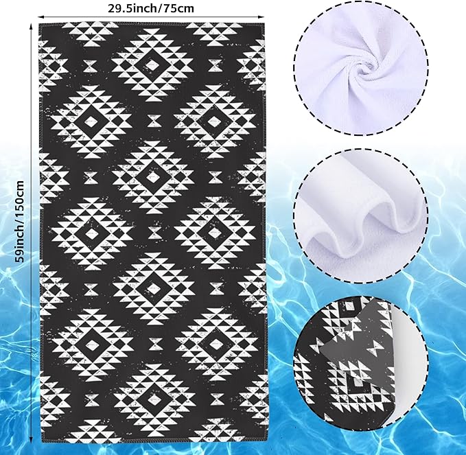 Geometric Microfiber Beach Towels,Tribal Black and White Geometric Oversized Absorbent Bath Towels,Soft Quick Dry Thin Camping Towel for Adults Women Men,29.5"×59"