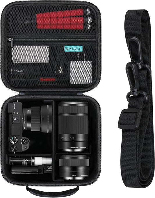 RAIALL Camera Case for Sony Alpha a6000/a6100/a6400/a6600/a6700/ Sony Alpha 7 II III IV/7R V/ZV-E10/ ZV-E10 II Mirrorless Digital Camera and Lens, Hard Travel Bag with a Shoulder Strap, Black