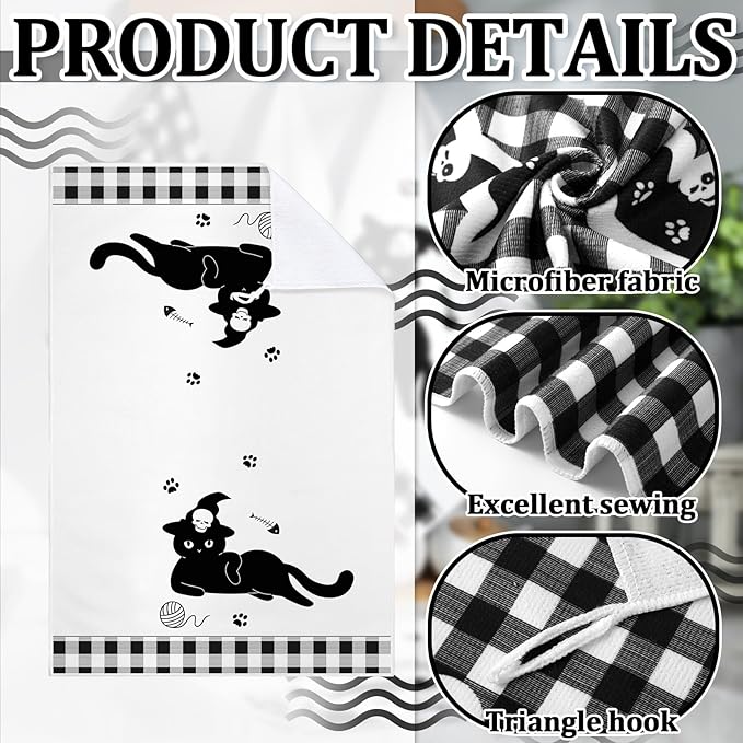 Bencailor 6 Pcs Skull Kitchen Towels Cute Black Cat Skeleton Dish Hand Towels Skull Tea Washcloth for Bathroom Kitchen Gothic Horror Decor Gifts 24 x 16''