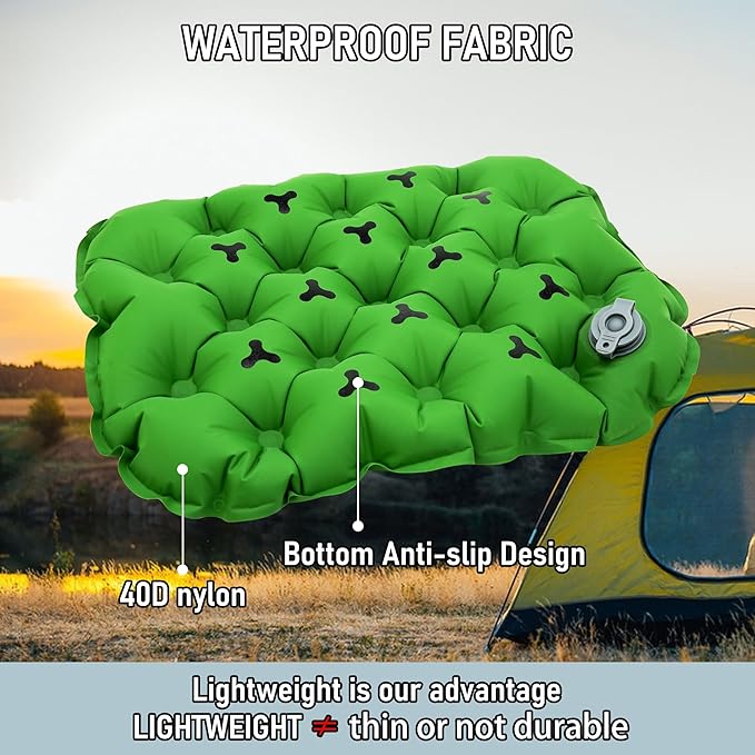 Inflatable Seat Cushion, Lightweight Stadium Seat Pad, Travel Air seat Cushion Anti-Slip for Airplane, Hiking, Climbing, Home and Camping,Green