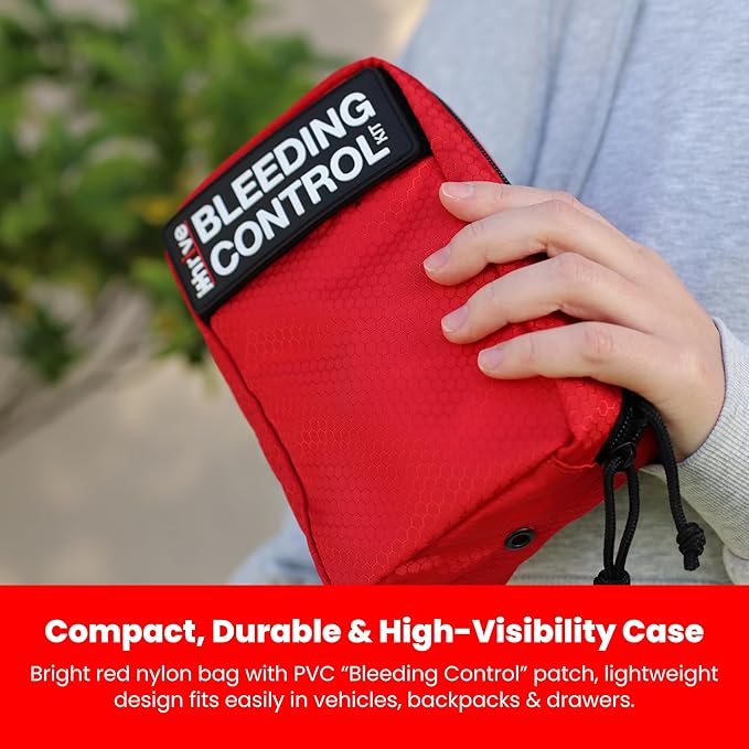 Basic Bleeding Control Kit from iThrive Medical - Stop The Bleed Kit with CAT Tourniquet, Trauma Dressing, Gauze & More - Public Access Emergency First Aid Kit in Red Nylon Bag