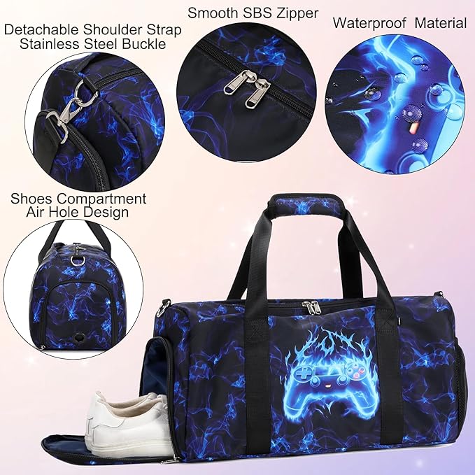 Duffle Bag for Boys Sport Gym Bag with Wet Pocket Shoes Compartment for Teen Boys Luminous Blue Flame Game Travel Bag Dance Bag