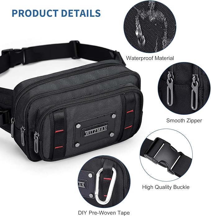 WITZMAN Fanny Pack for Men Casual Waist Bag Travel Mens Belt Bag with Adjustable Strap for Outdoors Cycling Hiking Walking(B732 Black)