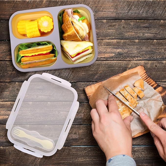 2 Pack Big Collapsible Silicone Bento Lunch Boxes With Lids spoons forks,3 Compartments, Divided Lunch Food Storage Containers, Safe in Microwave, Dishwasher and Freezer, 45.6oz (Yellow+Green)