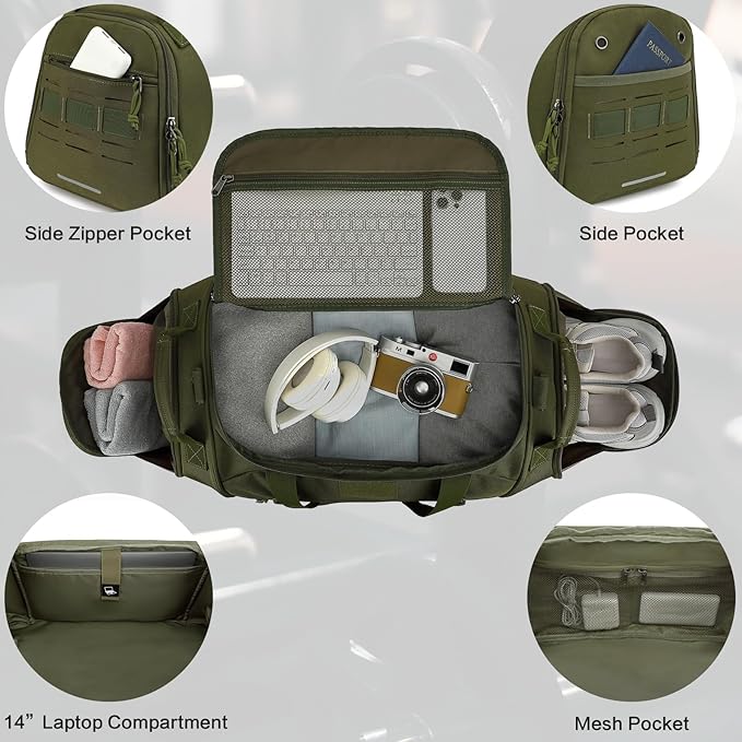 Gym Bag for Men Women 45L Sports Duffle Bag for Travel Tactical Military Duffel Bag with Shoe & Laptop Compartment Lightweight Medium Weekender Travel Bags for Fitness Training Workout, Green