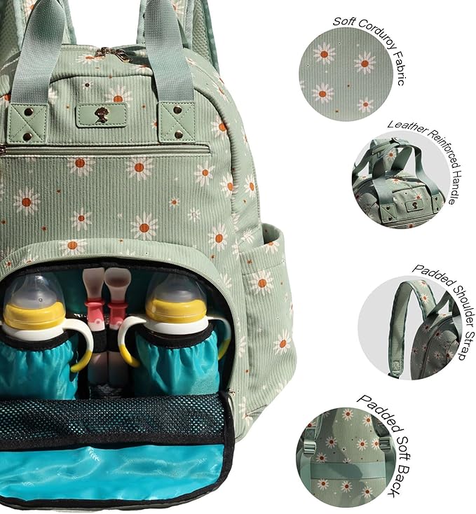 Diaper Bag Backpack, Large Capacity Multifunction Baby Essentials Fashion Travel Pack Linen Canvas office Laptop Bag (Corduroy Matcha Daisy)