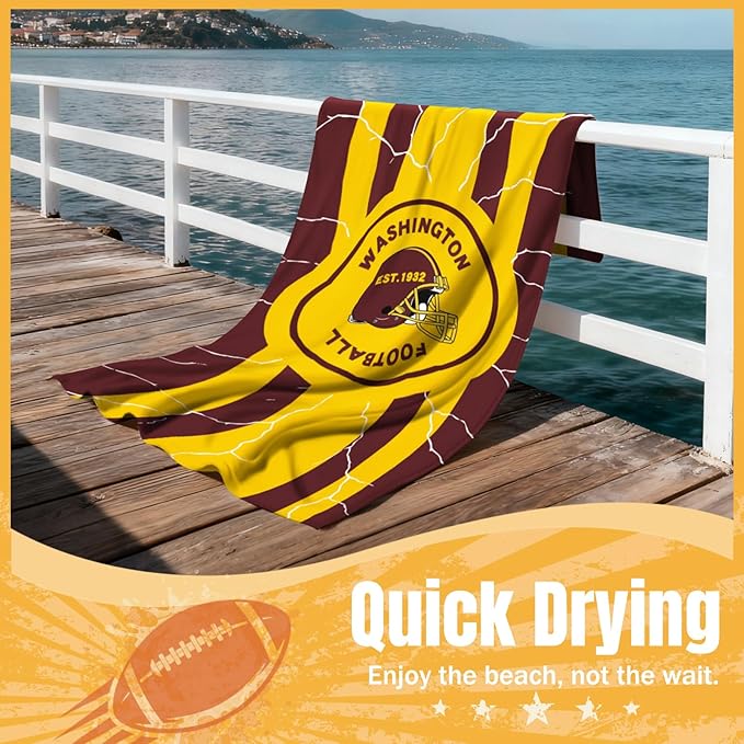 Football Fan Thin Lightweight Microfiber Beach Towel Washington Themed Quick Dry Absorbent Packable Oversized Towels Men Women Gear Commanders Team Husband Guy Christmas Cool Useful Gift
