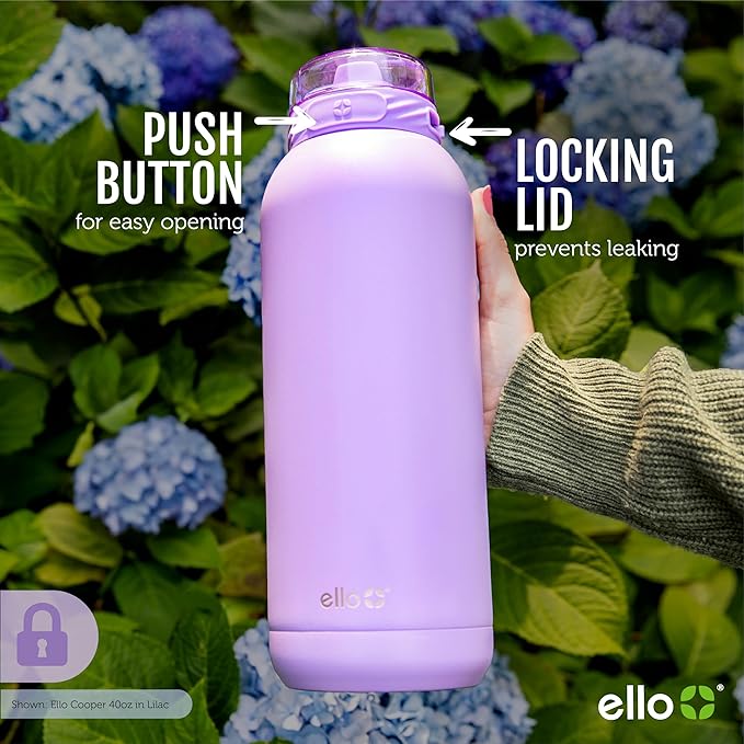 Ello Cooper 32oz Stainless Steel Water Bottle with Straw and Carry Handle, Double Walled and Vacuum Insulated Metal, Leak Proof Locking Lid with Soft Silicone Spout, Reusable, BPA Free, Grey
