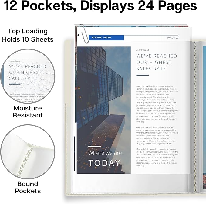 Dunwell 12-Pocket Presentation Binder with Plastic Sleeves (24 Viewable Pages), 8.5x11 Portfolio Folder, Top-Loading Sheet Protectors, Customizable Cover, Organizer for Photos, Recipes (Ivory)