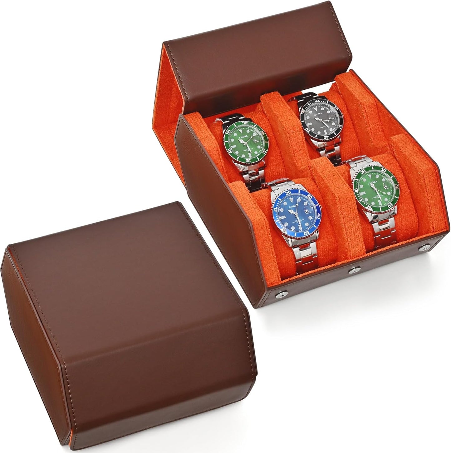 Watch Roll Travel Case for 4 Watchs Storage and Organizer,Leather Watch Box with Innovative Slide Pillows & Solid Dividers for Home, Protect and Display