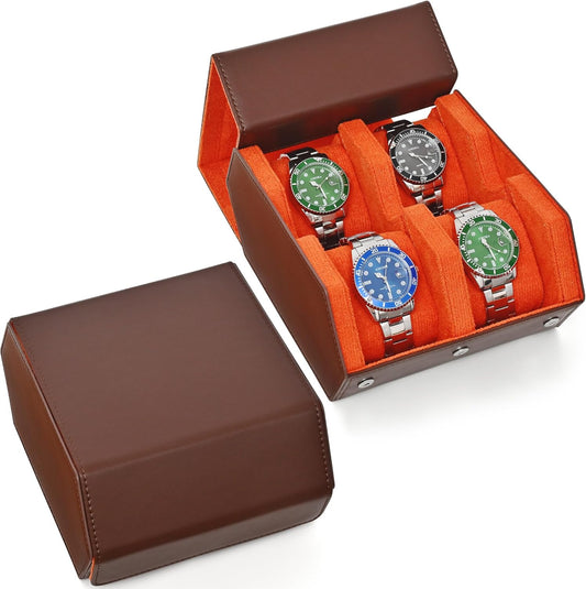 Watch Roll Travel Case for 4 Watchs Storage and Organizer,Leather Watch Box with Innovative Slide Pillows & Solid Dividers for Home, Protect and Display