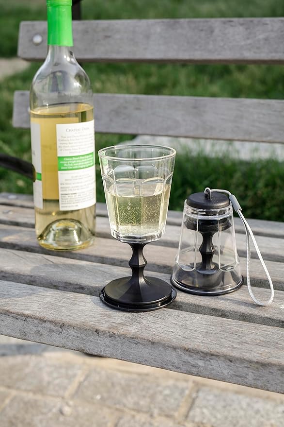 Kikkerland Portable Wine Glass, Stackable CompactTravel Glasses with Strap, Black, Set of 2