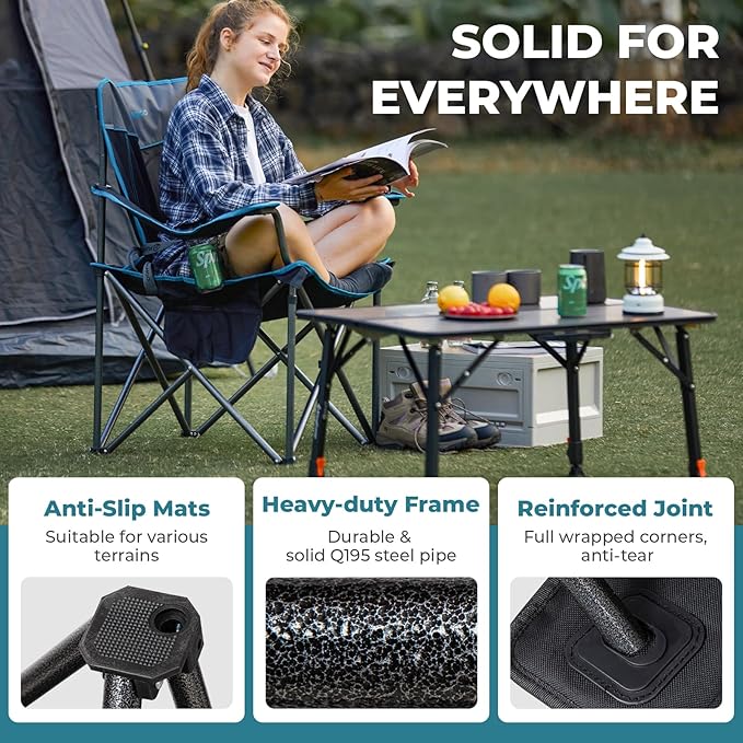 FUNDANGO Oversized Camping Chair for Adults, Heavy Duty Portable Foldable Lawn Chair with Padded Seat & Back, Lumbar Support, 4-can Cooler & Cup Holder, Carry Bag Included for Outdoor