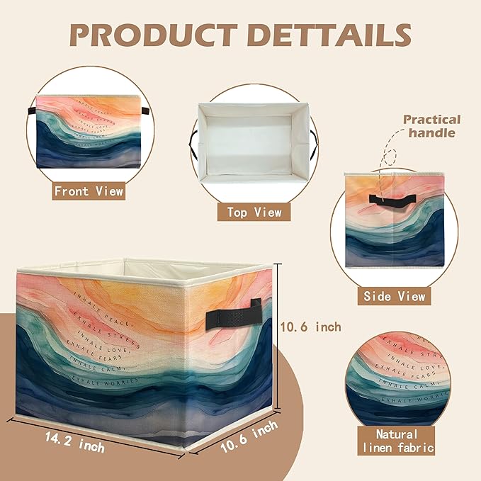 Abstract Mental Health Storage Bin Box with Handles, Watercolor Inhale Exhale Anxiety Relief Foldable Linen Fabric Laundry Basket for Home Therapy Office Clothes Toys Books