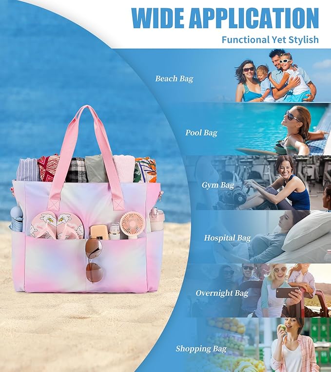 Beach Bags for Women, Large Waterproof Sandproof Swim Pool Bag with Dry Wet Seperated Pocket Utility Tote Bag