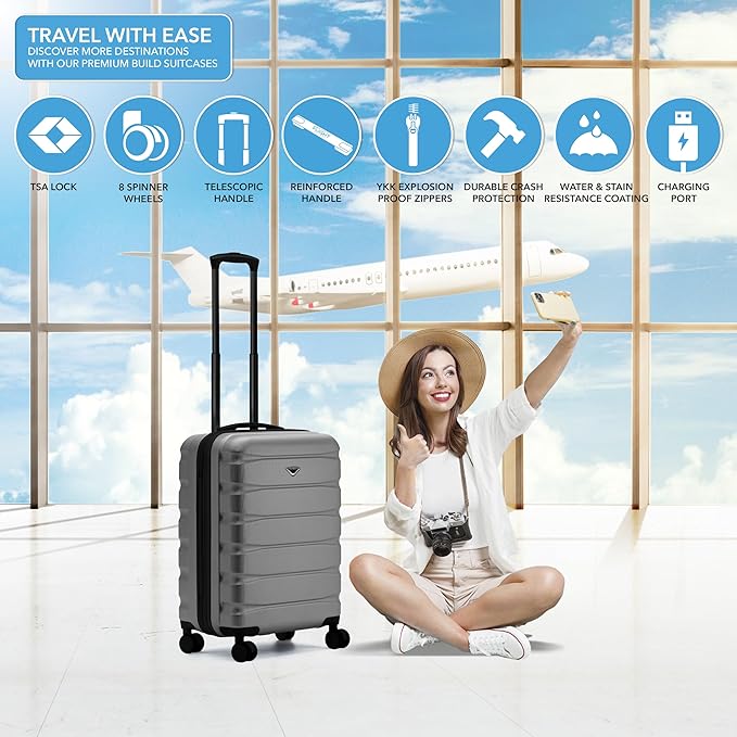 Flight Knight 24x16x10 Expandable Carry On Suitcase Hardside TSA Lock USB C Lightweight Luggage Silent Double Spinner Wheels Maximum Overhead Carry-On Bag For Virgin South West Approved Charcoal