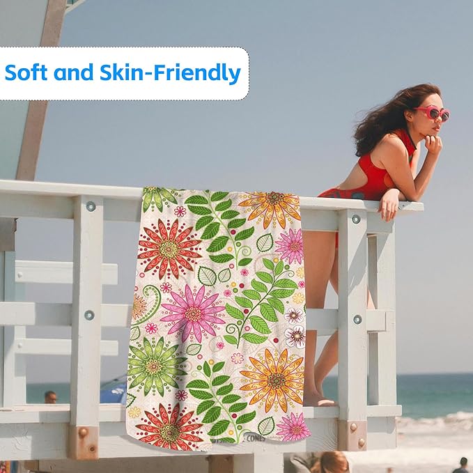 Floral Beach Towel,Spring Colorful Vivid Floral Flowers Lightweight Compact Sand Free Quick Dry Oversized Pool Swimming Towels for Girls Women Adults,29.5"×59"