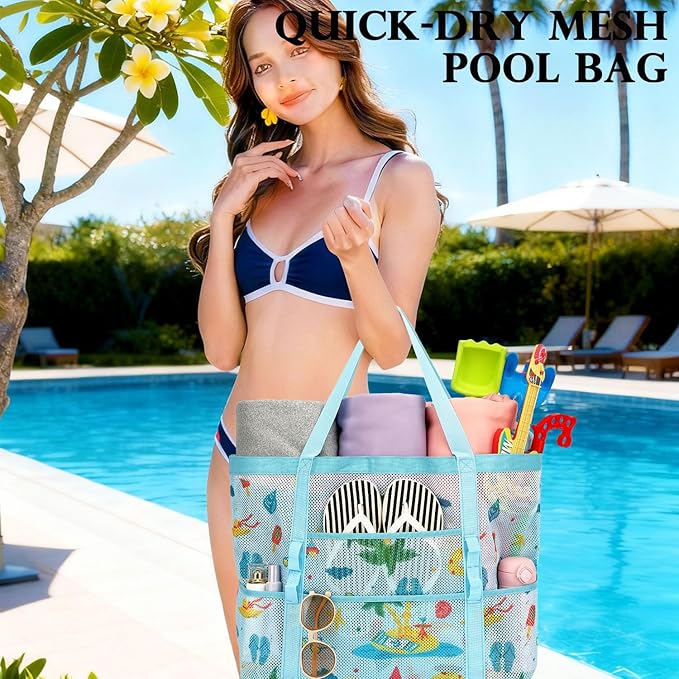 Mesh Beach Bag, Large Beach Tote with Zipper Pocket, Toys Pool Bag for Family Travel Vacation Cruise Essentials