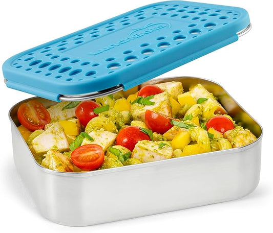LunchBots Medium Uno Stainless Steel Sandwich Container - Open Design for Wraps - Salads or a Small Meal - Eco-Friendly - Dishwasher Safe and BPA-Free - Aqua Dots
