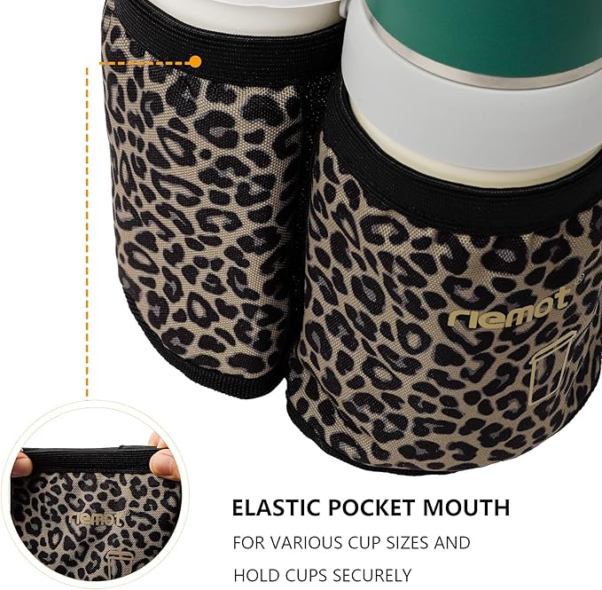 riemot Luggage Travel Cup Holder Free Hand Drink Carrier - Hold Two Coffee Mugs - Fits Roll on Suitcase Handles - Gifts for Flight Attendants Travelers Accessories Leopard