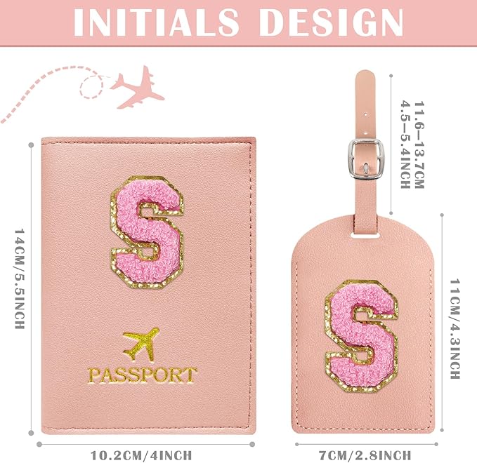 COSHAYSOO Initial Passport Cover Luggage Tag Set Letter Passport Holder Airplane Cruise Travel Essentials Vacation Traveling Accessories Personalized Gifts for Women Teen College Girls Pink S