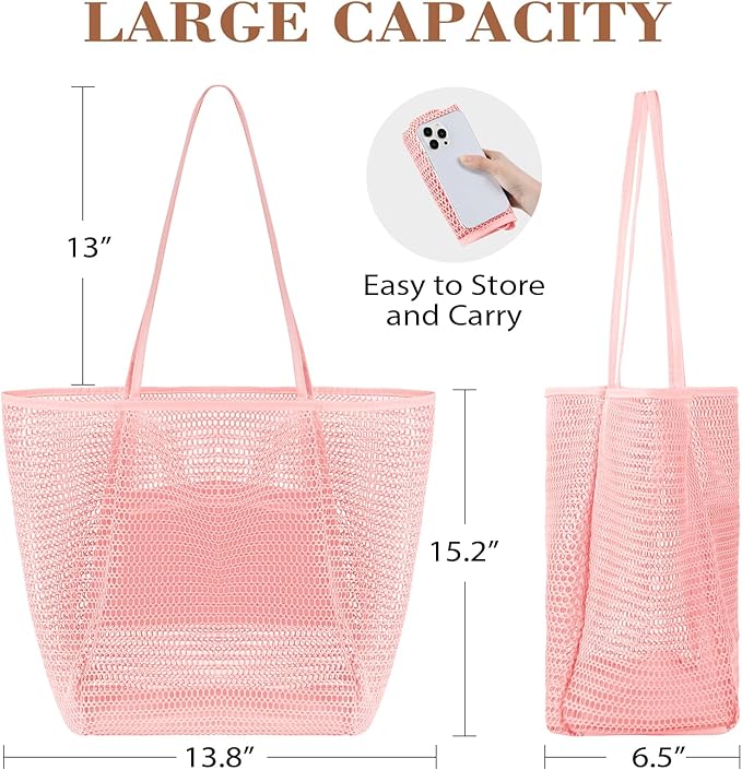 Tavaleu Mesh Beach Bag, Beach Bags for Women, Woven Straw Beach Tote Bag Waterproof with Inner Pocket, Packable Beach Bag
